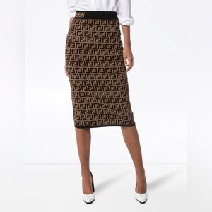 Fendi Black and Brown FF Logo Knit Midi Skirt